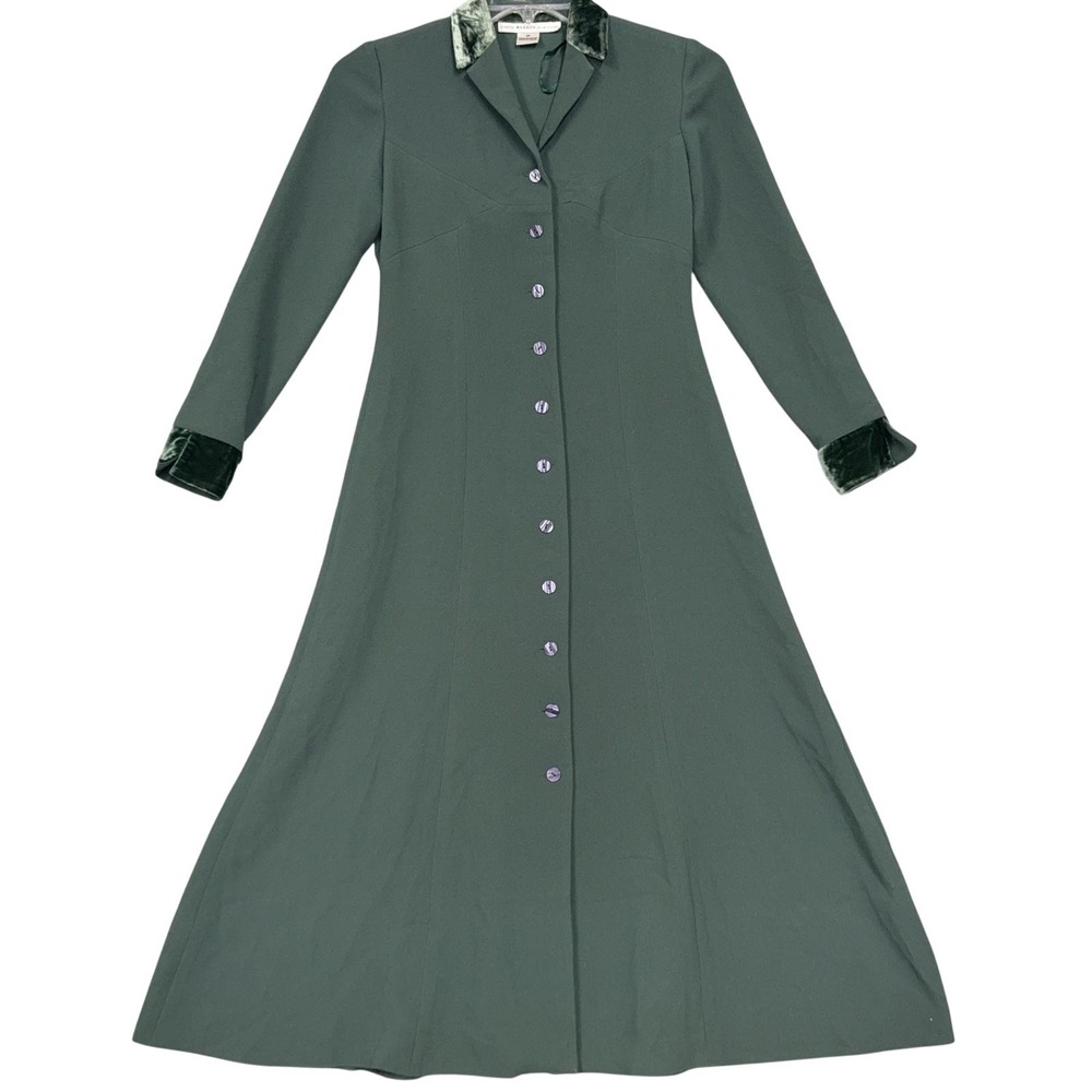 David Warren Shirt Dress Womens 2P Green Velvet Collar Cuff Button Front Maxi